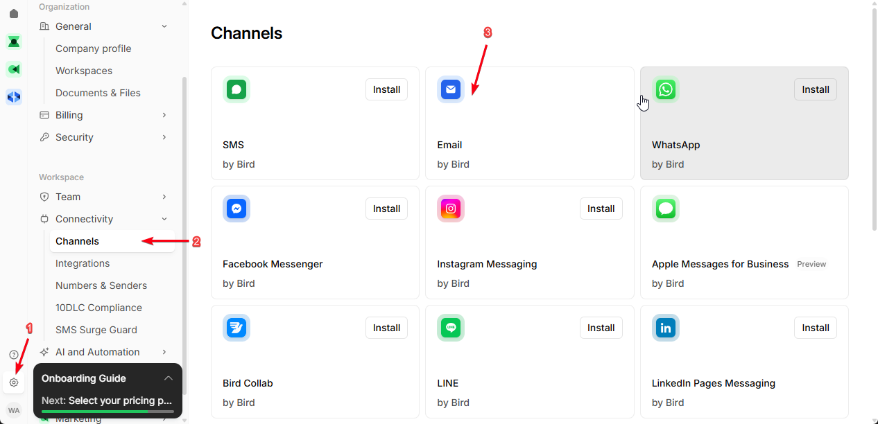 Step 3.1: Go to Channels & Select Email Channel