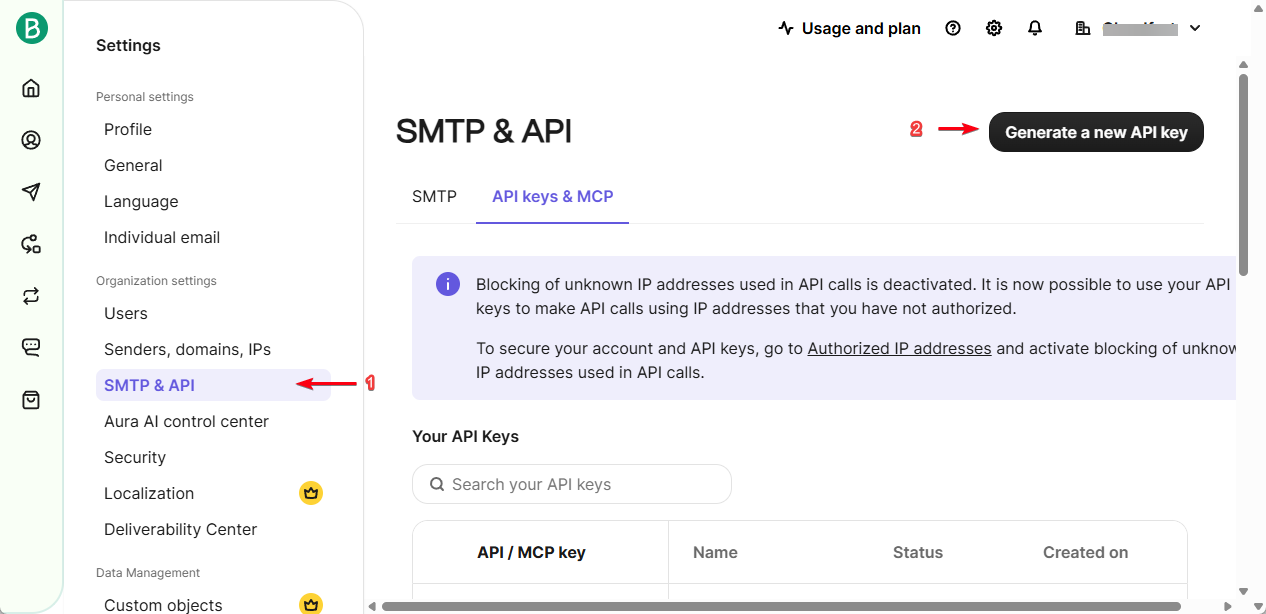 Step 1.2: SMTP & API β Click "Generate a new API Key"