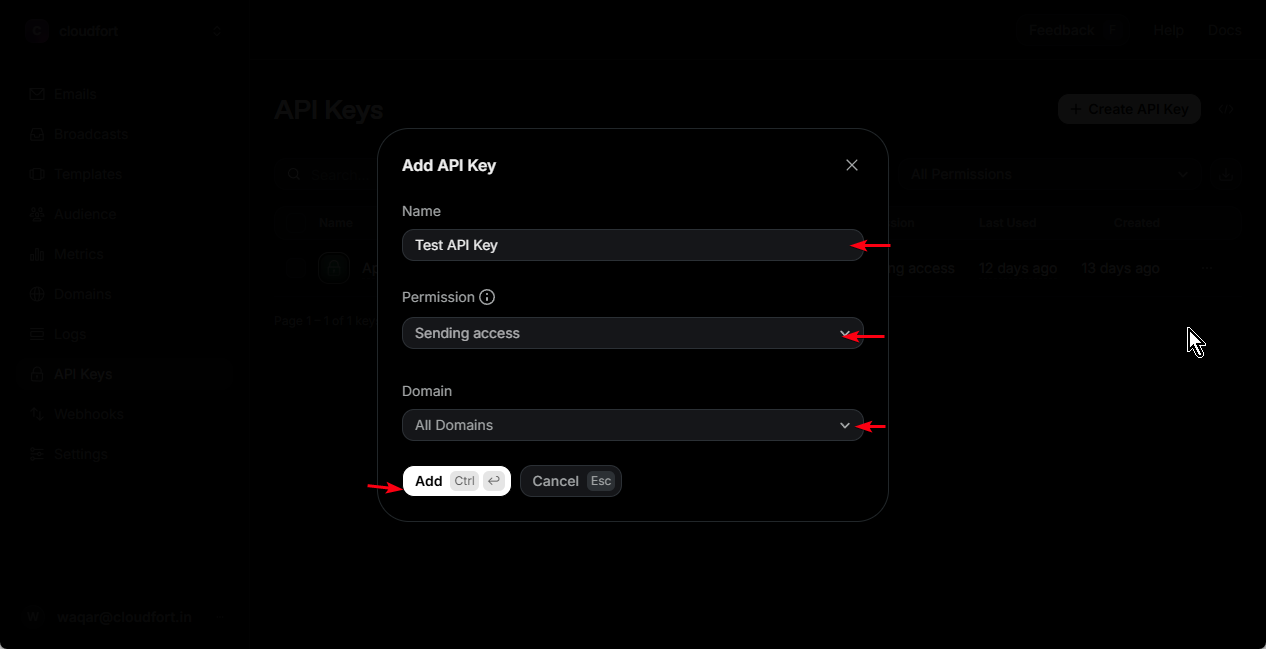 Step 1.2: After filling API Key Name, Permission and Domain, Click "Add"