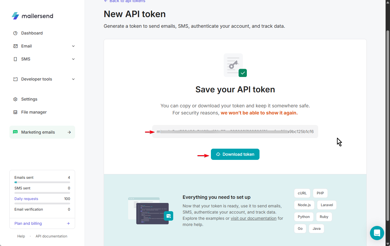 Step 1.3: Copy or download the generated API token